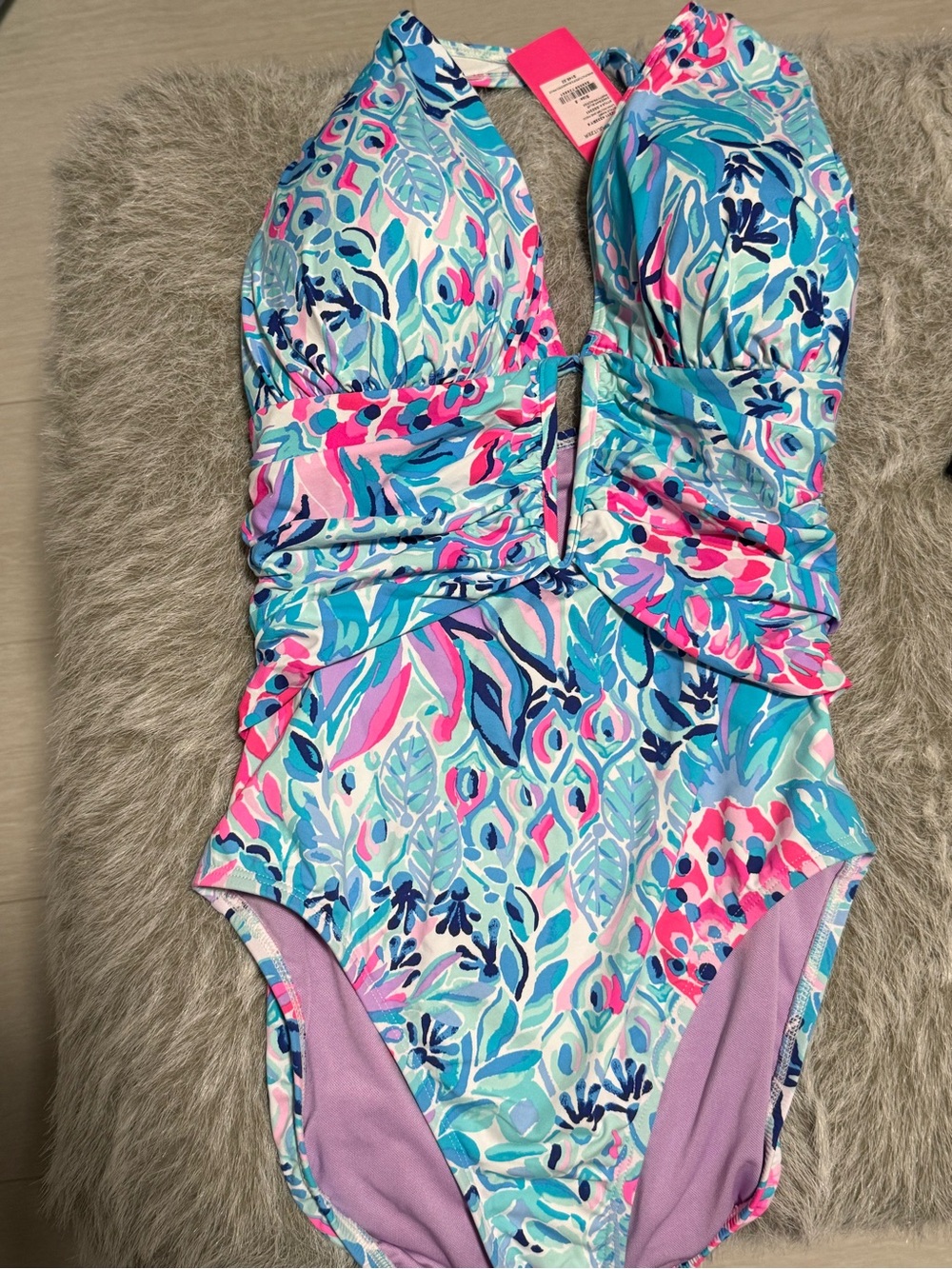 Lilly Pulitzer Lanai One-Piece Swimsuit in Aqua, Pink & Purple Floral Print
